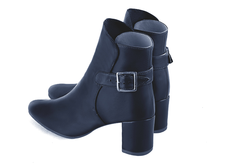 Navy blue women's ankle boots with buckles at the back. Round toe. Medium block heels. Rear view - Florence KOOIJMAN